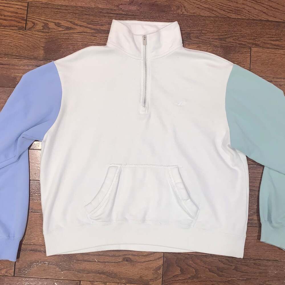 Hollister Quarter Zip Color Block Hoodie Sweatshirt White Blue Green‎ Sz Small